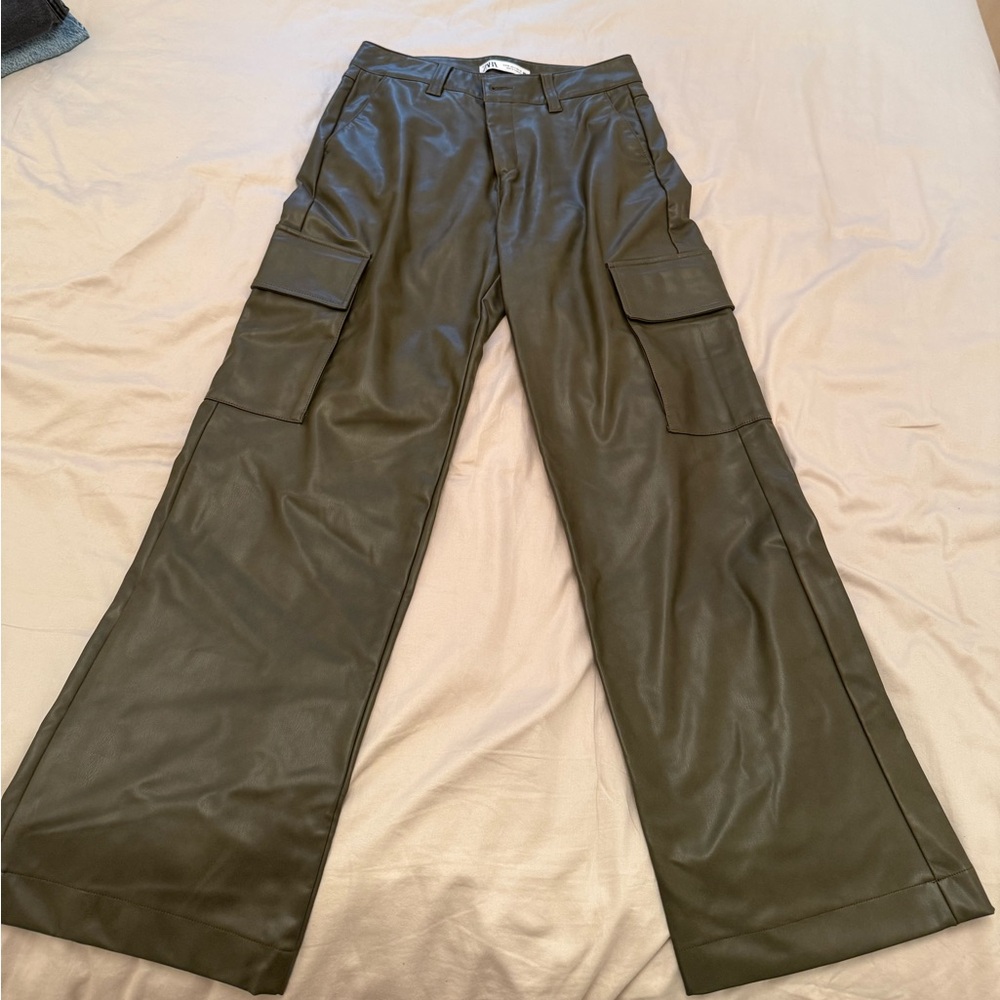 Zara Dark Green Cargo Leather Pants